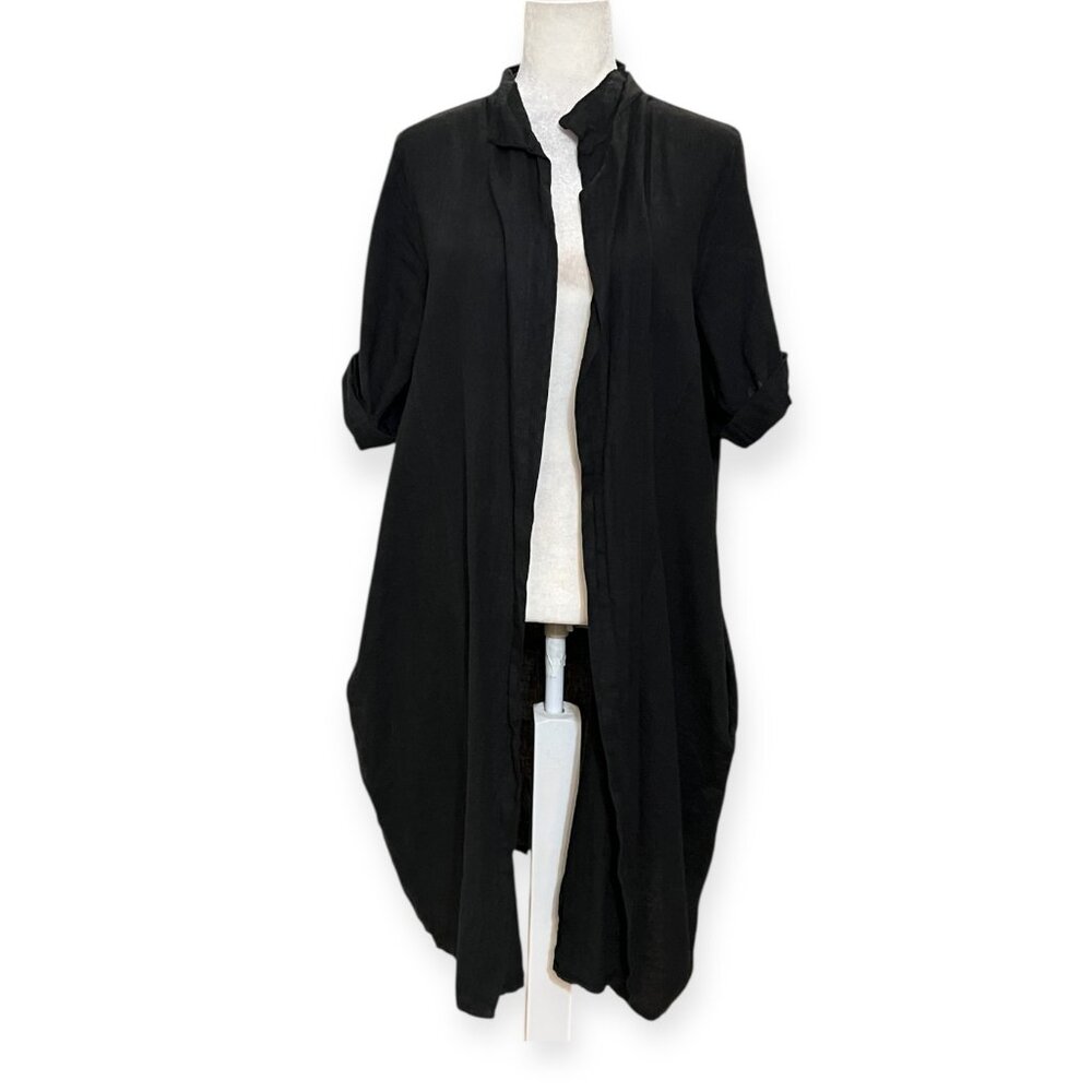 MEO MELI Black Linen Long Duster Open Front Made in Italy black linen jack M